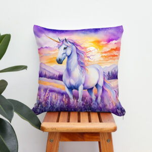 Kissen: Boho Watercolor Magical Unicorn Beneath Vibrant Sunset Rainbow Sky