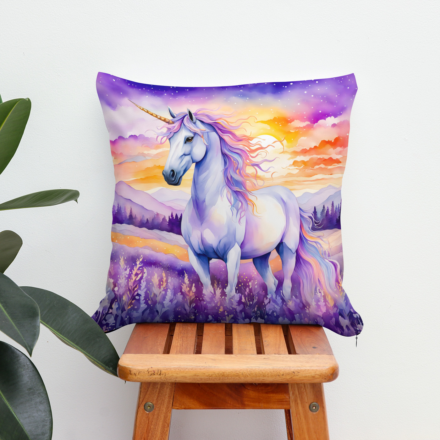 Kissen: Boho Watercolor Magical Unicorn Beneath Vibrant Sunset Rainbow Sky