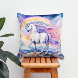 Kissen: Watercolor Mystical Unicorn Walking Beneath A Shimmering Rainbow