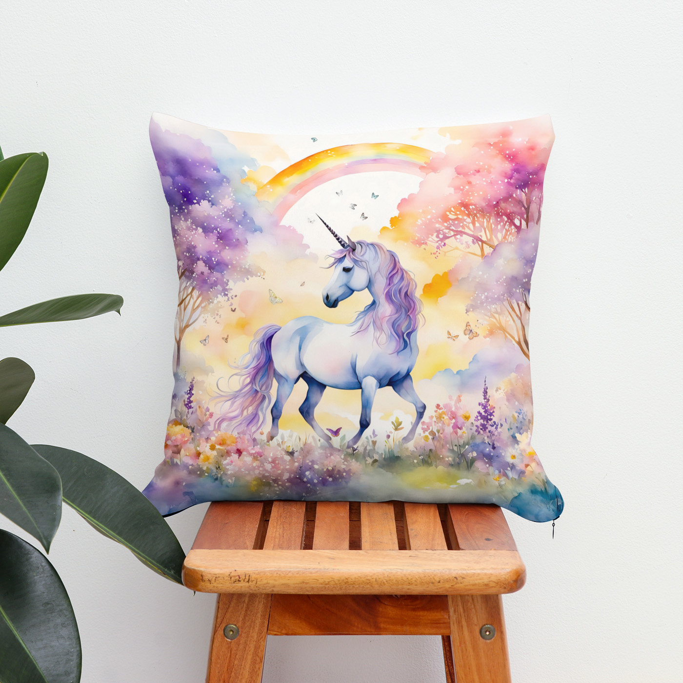 Kissen: Boho Watercolor Majestic Unicorn Under Cherry Blossom Pink Sky