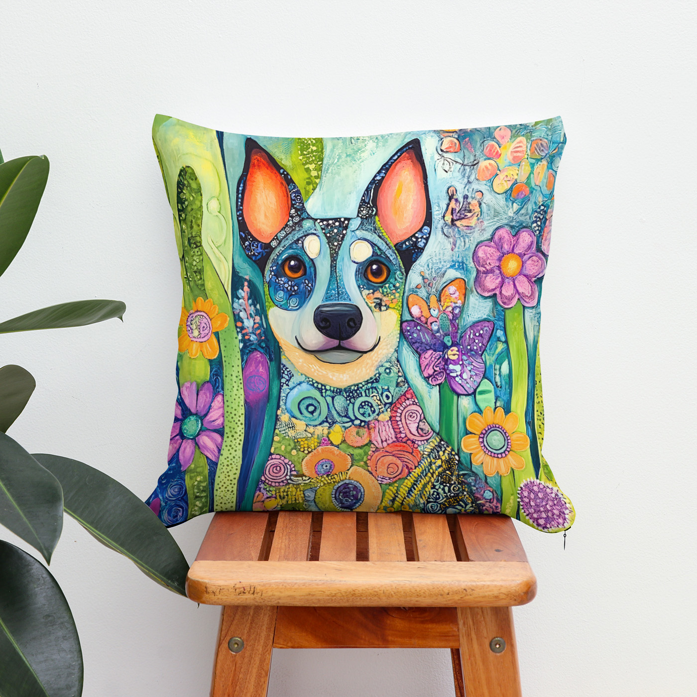 Kissen: Vibrant Pop-Art Dog in Neon Colors with flowers
