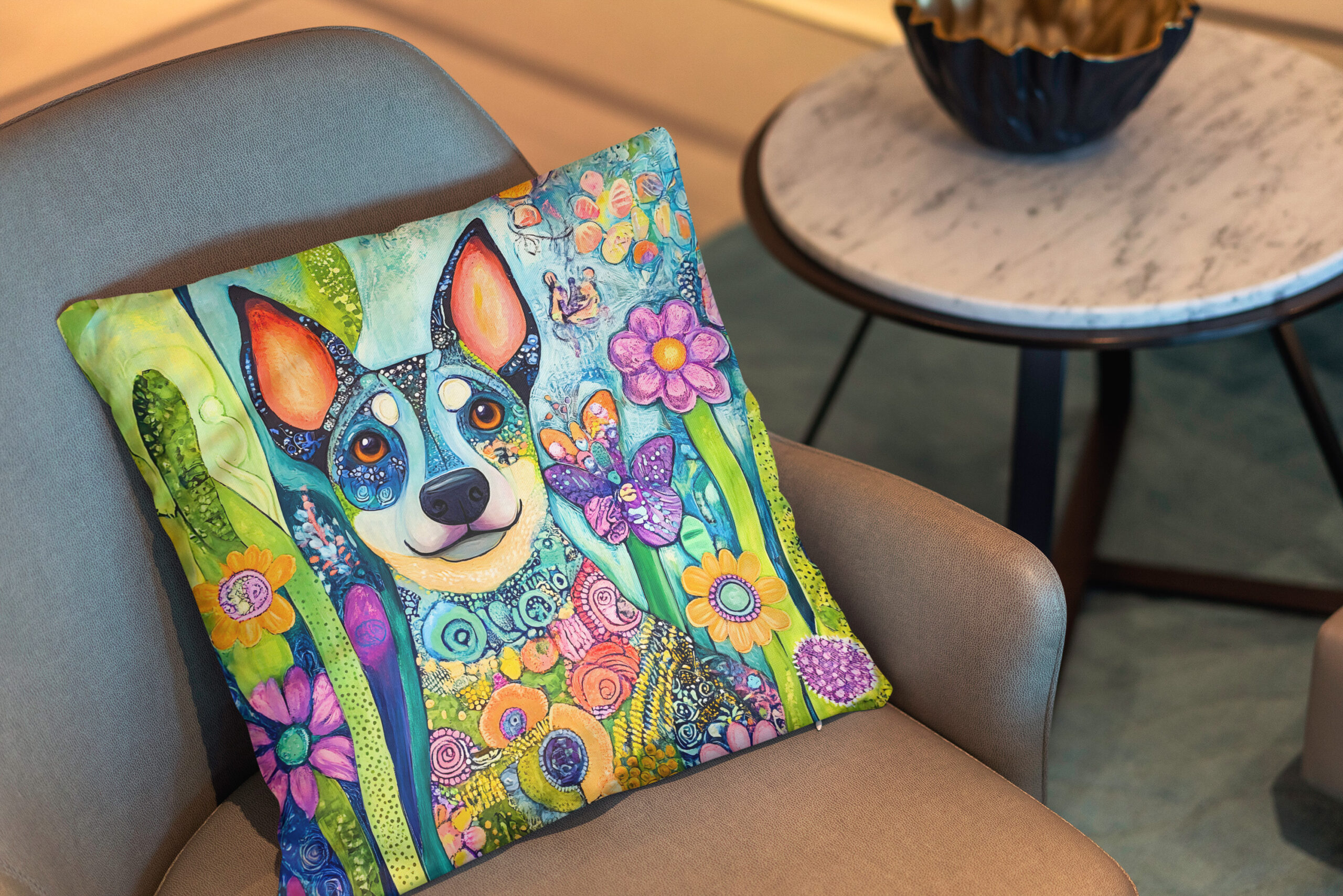 Kissen: Vibrant Pop-Art Dog in Neon Colors with flowers – Bild 2
