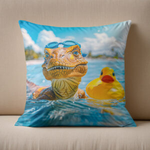 Kissen: Dino Bathing with Rubber Duck