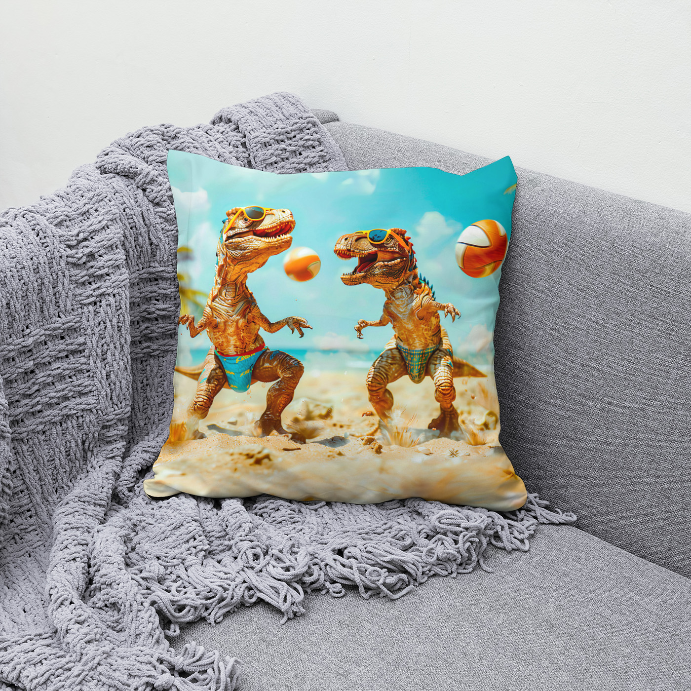 Kissen: T-Rexes Playing Ball on Beach