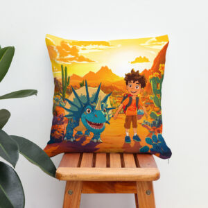 Kissen: Anime boy walking Triceratops at sunset