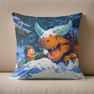Kissen: Anime boy playing dinosaur snowy day