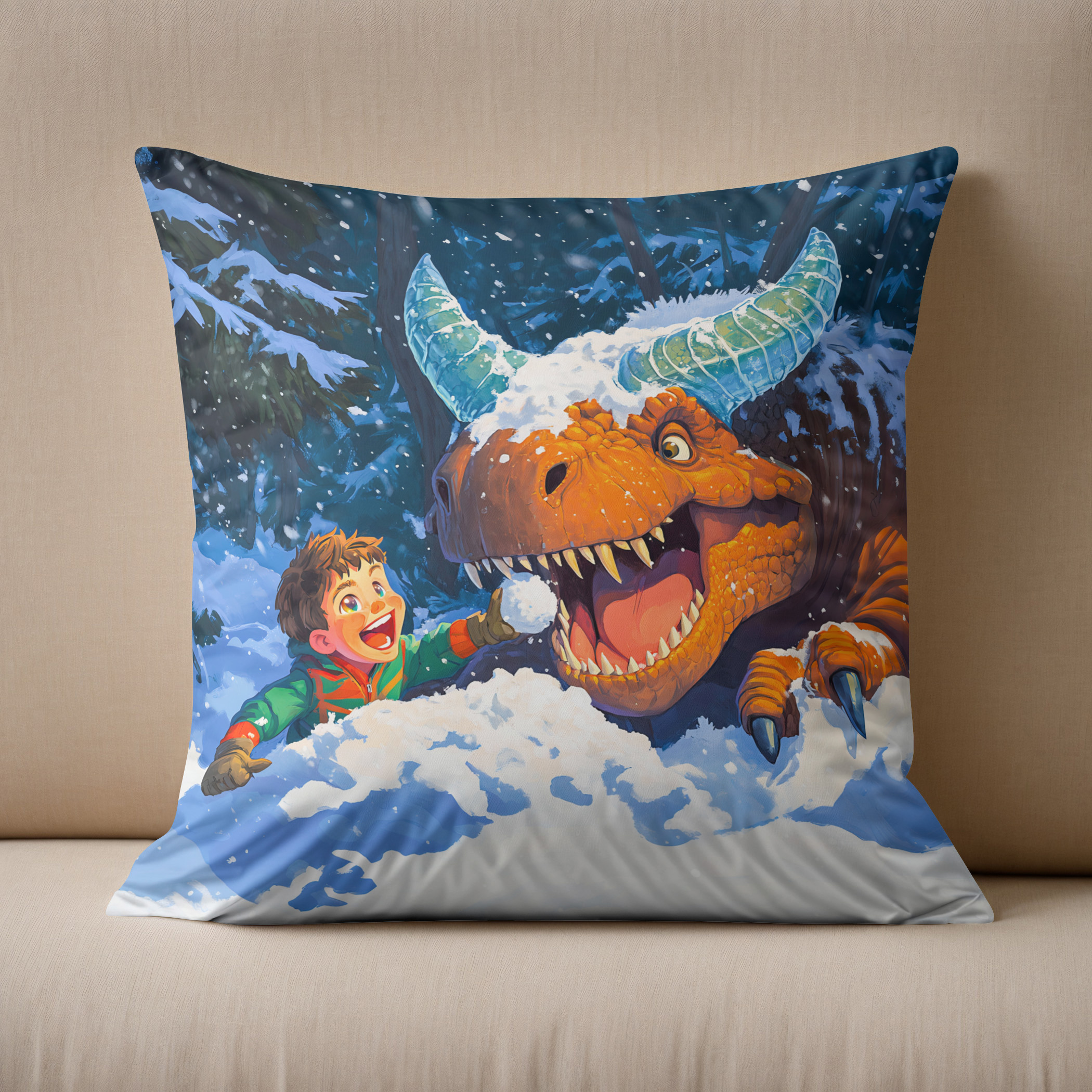 Kissen: Anime boy playing dinosaur snowy day