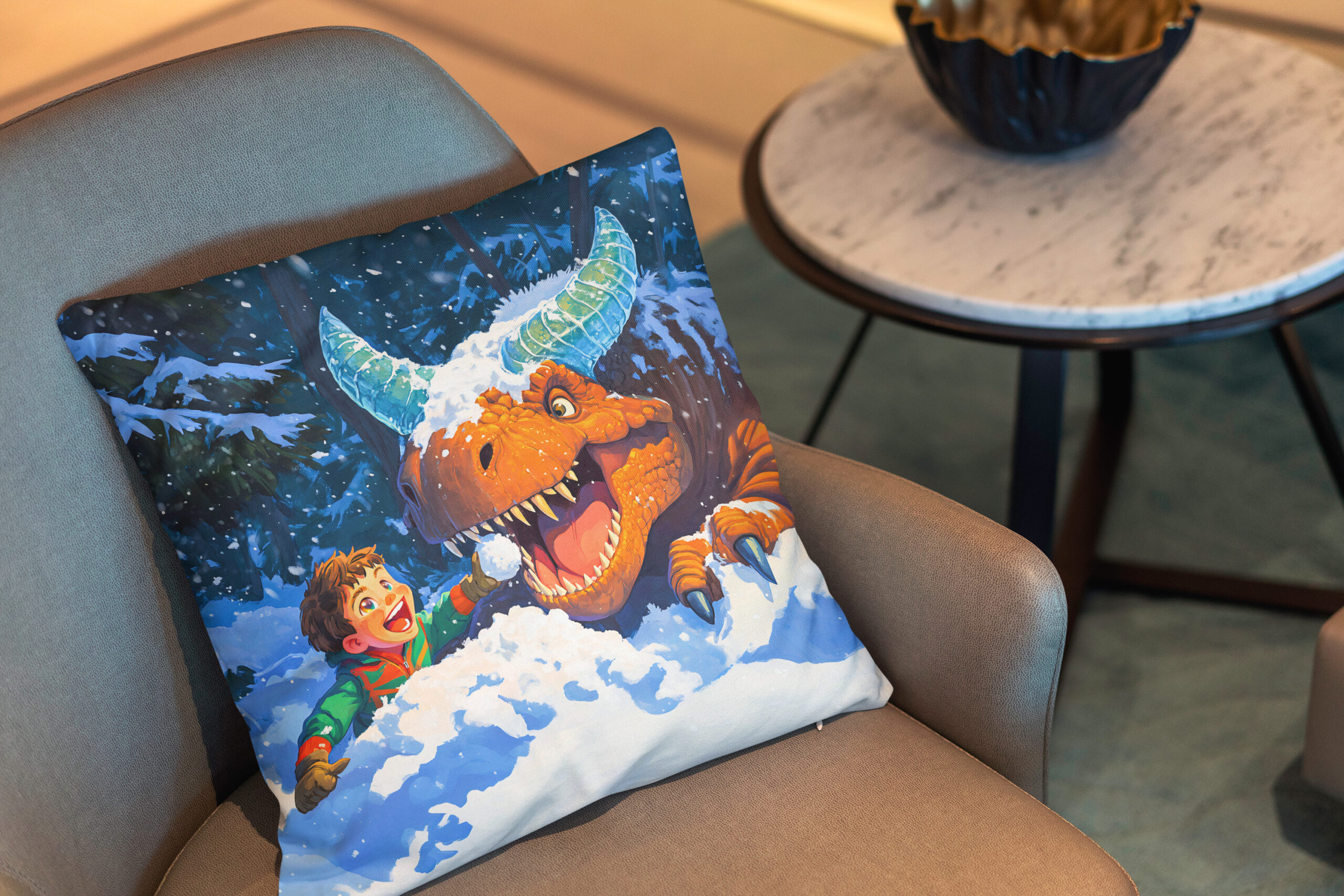 Kissen: Anime boy playing dinosaur snowy day – Image 2