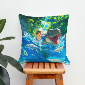 Kissen: Anime boy swimming with dinosaur in sea