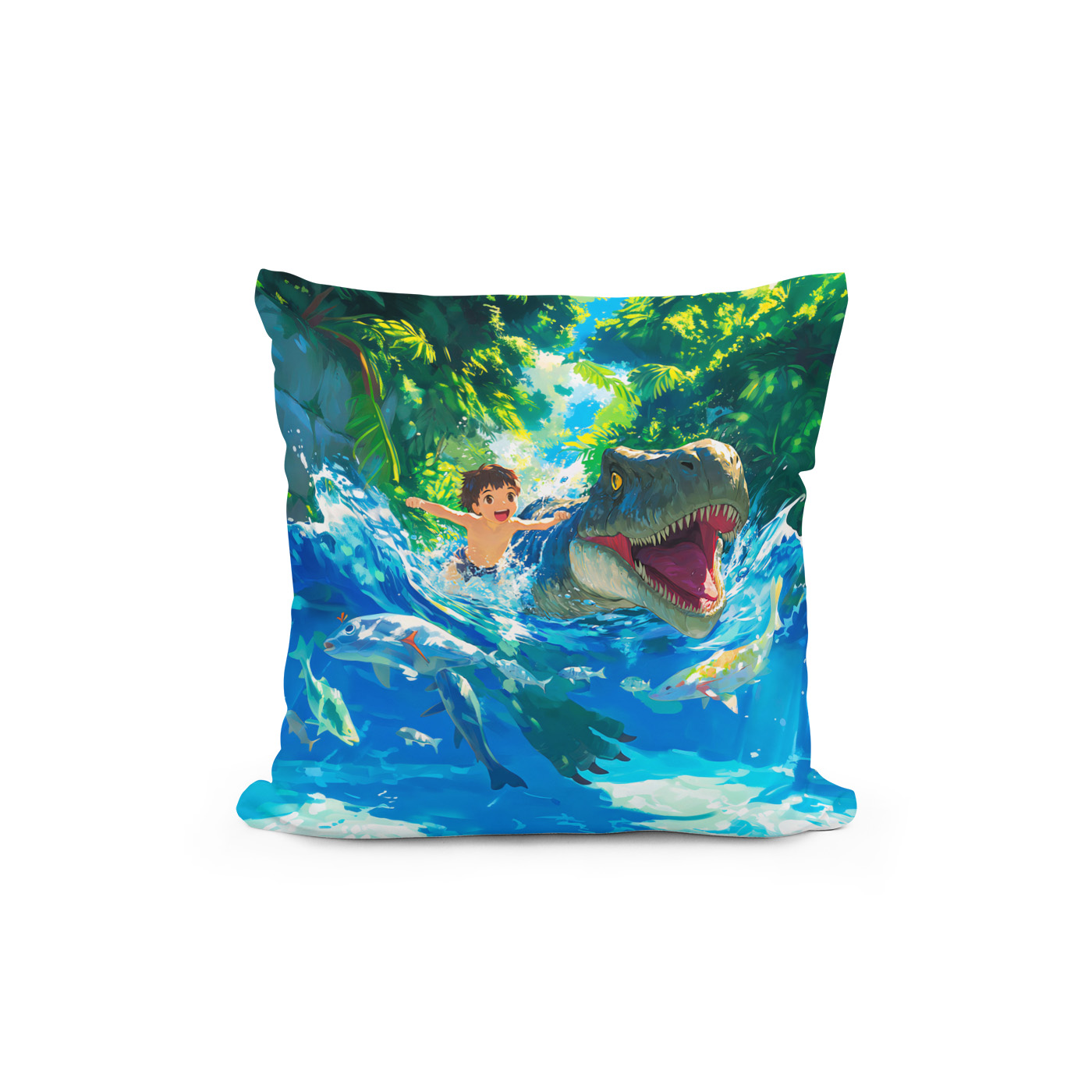 Kissen: Anime boy swimming with dinosaur in sea - immagine 2