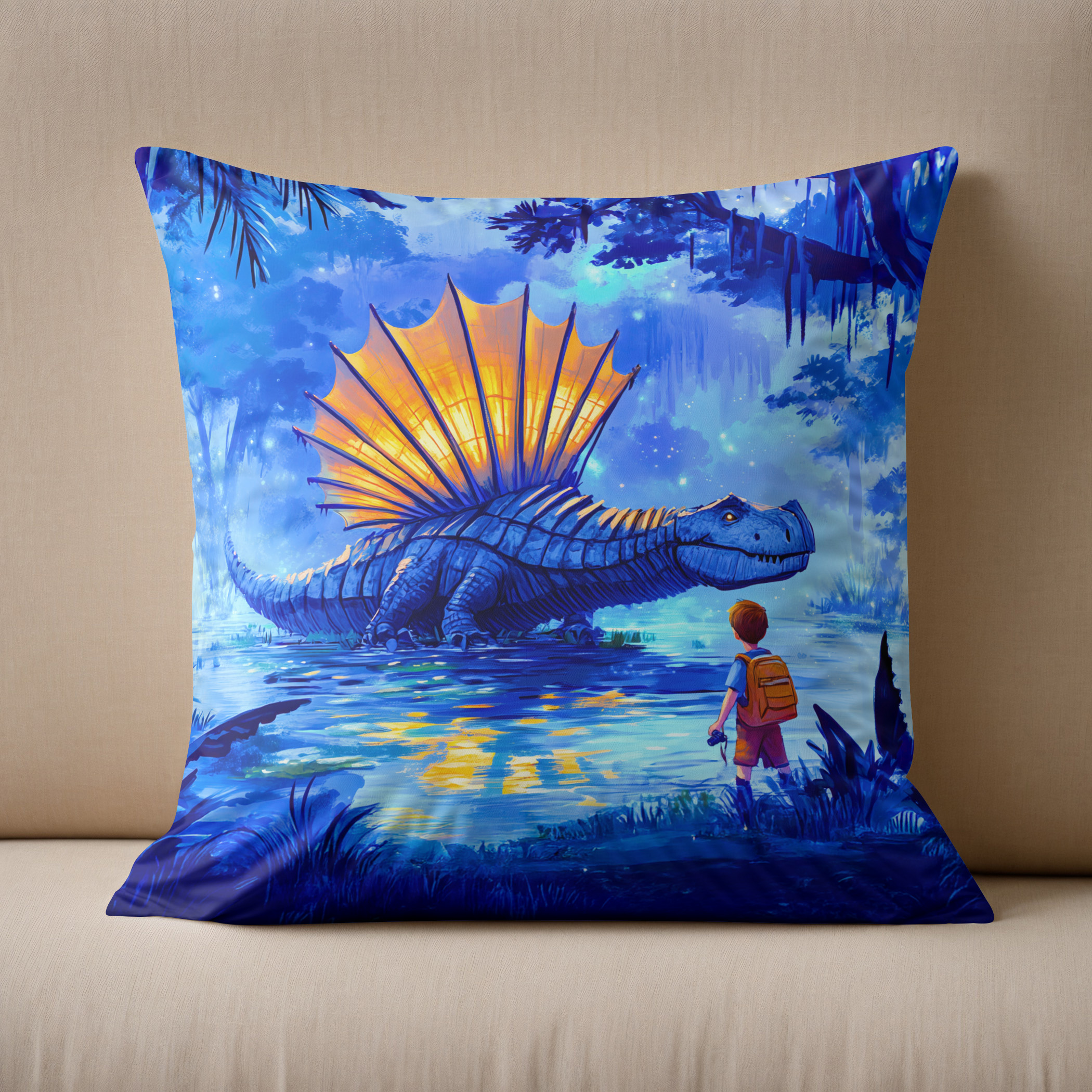 Kissen: Anime boy photographing swamp dinosaur – Bild 2