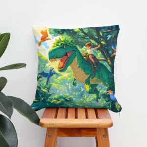 Kissen: Anime boy riding T-Rex in jungle and birds