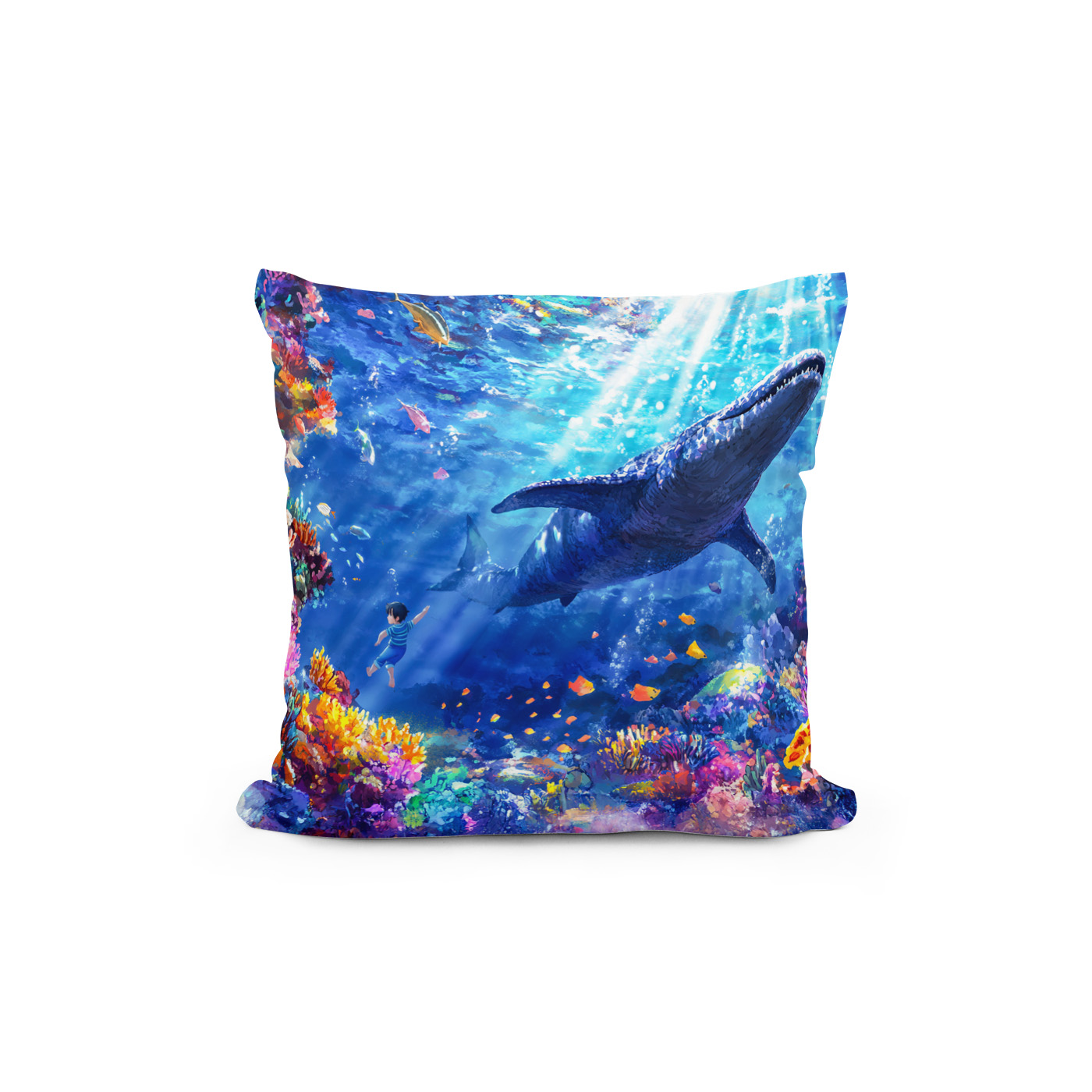 Kissen: Anime boy swimming with Liopleurodon reef - Image 2