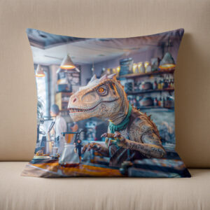 Kissen: Dinosaur Barista in a Modern Café