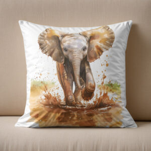 Kissen: Watercolor painting of baby elephant splashing mud