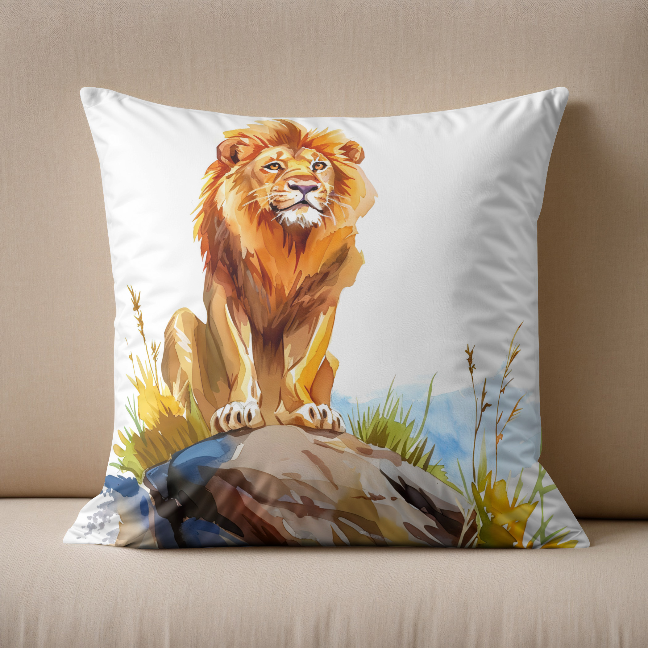 Kissen: Watercolor painting of lion sitting on a rock