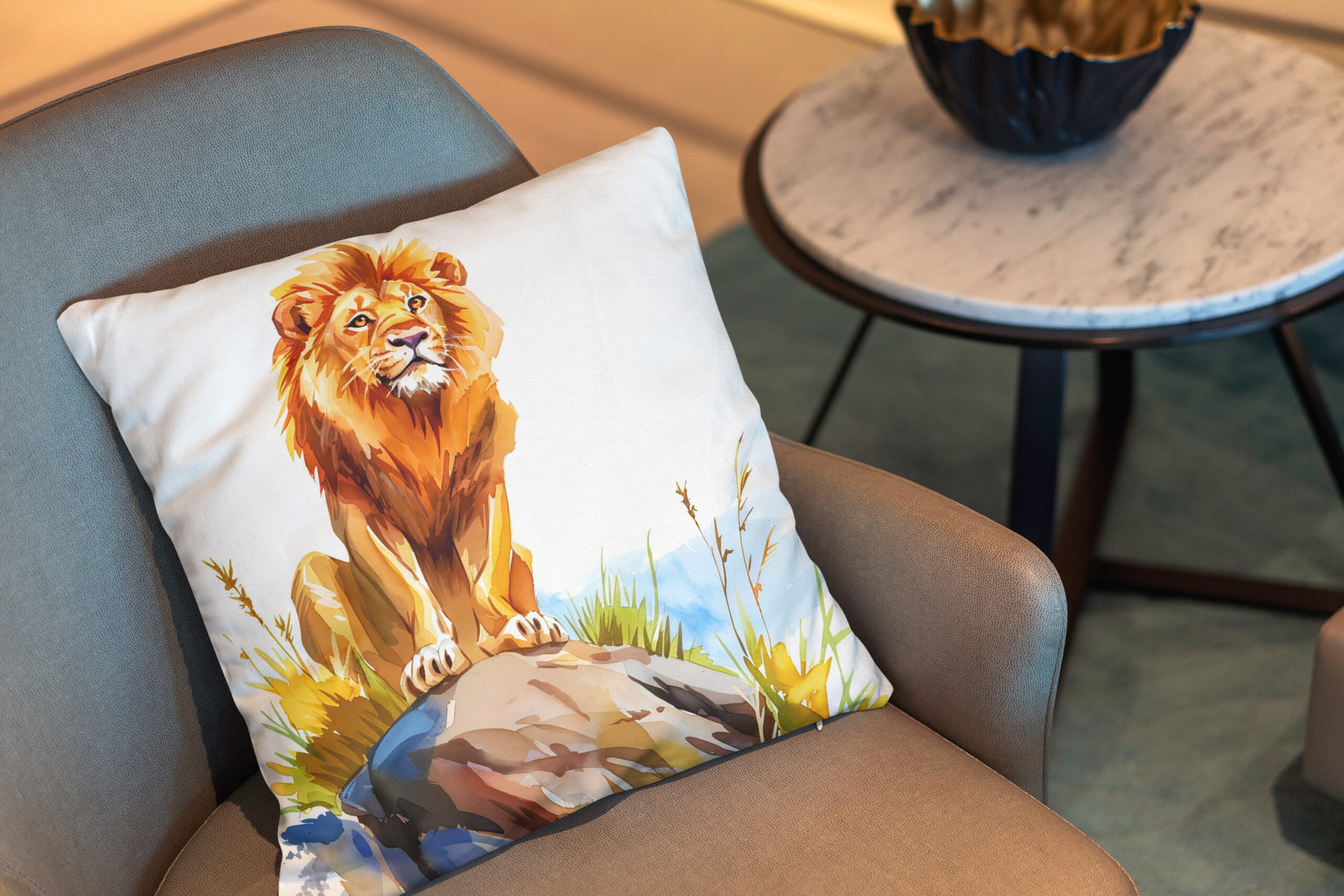 Kissen: Watercolor painting of lion sitting on a rock - Image 2