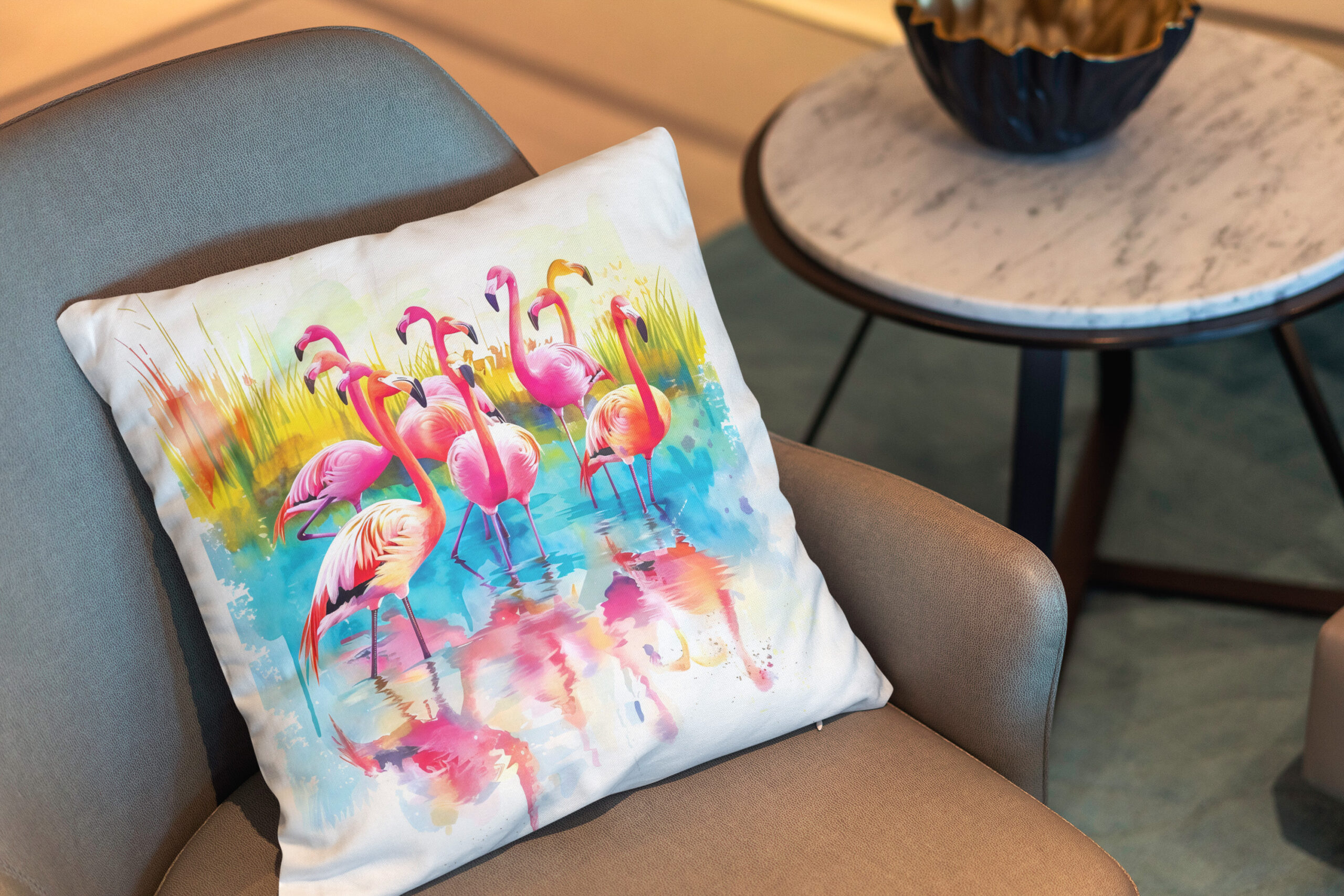 Kissen: Watercolor painting of flamingos in a pond