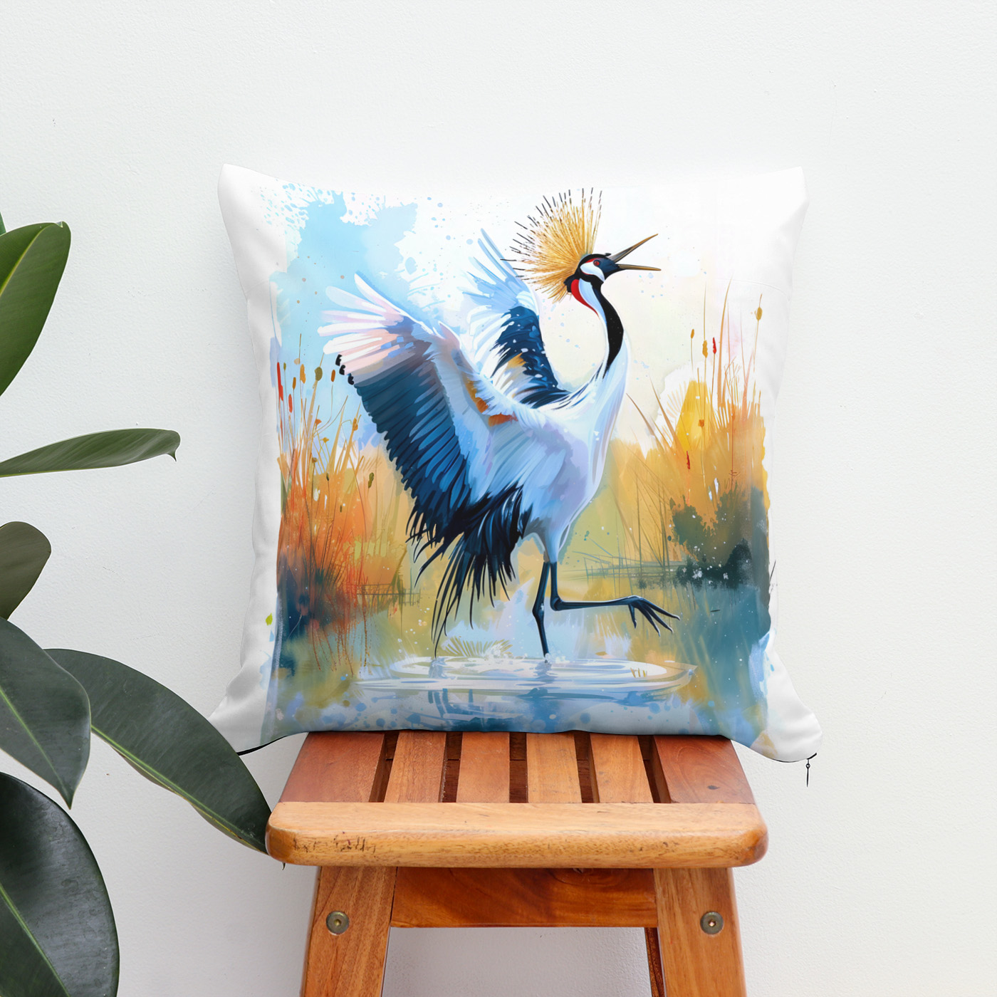 Kissen: Crowned Crane Dancing in Water