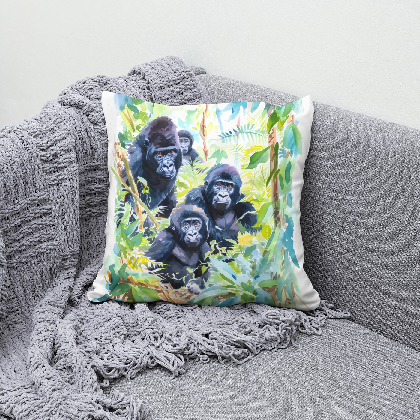 Kissen: Watercolor painting of gorilla family in jungle