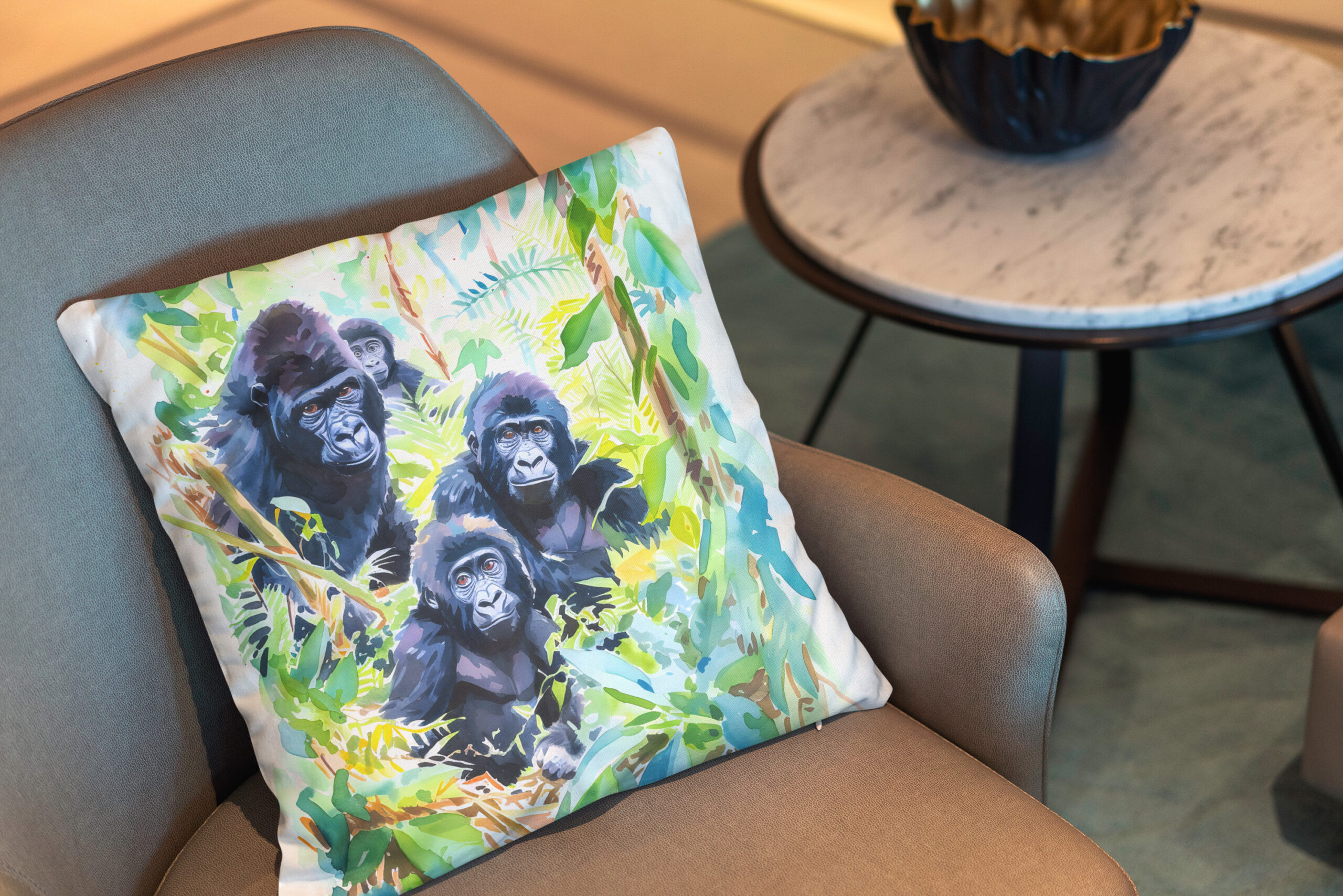 Kissen: Watercolor painting of gorilla family in jungle – Image 2