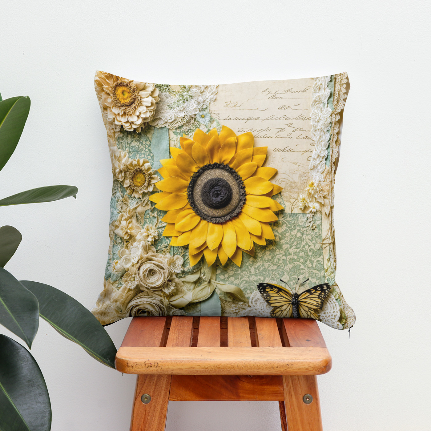 Kissen: Shabby chic Sunflower with Butterfly
