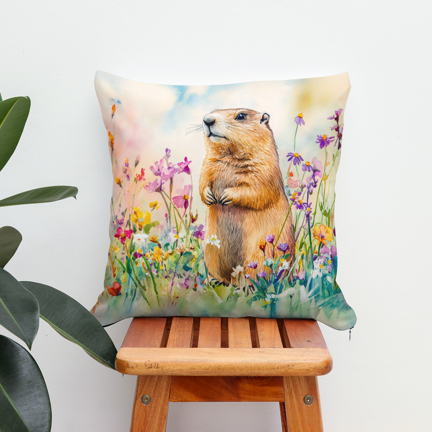 Kissen: Marmot on a flower meadow watercolor painting