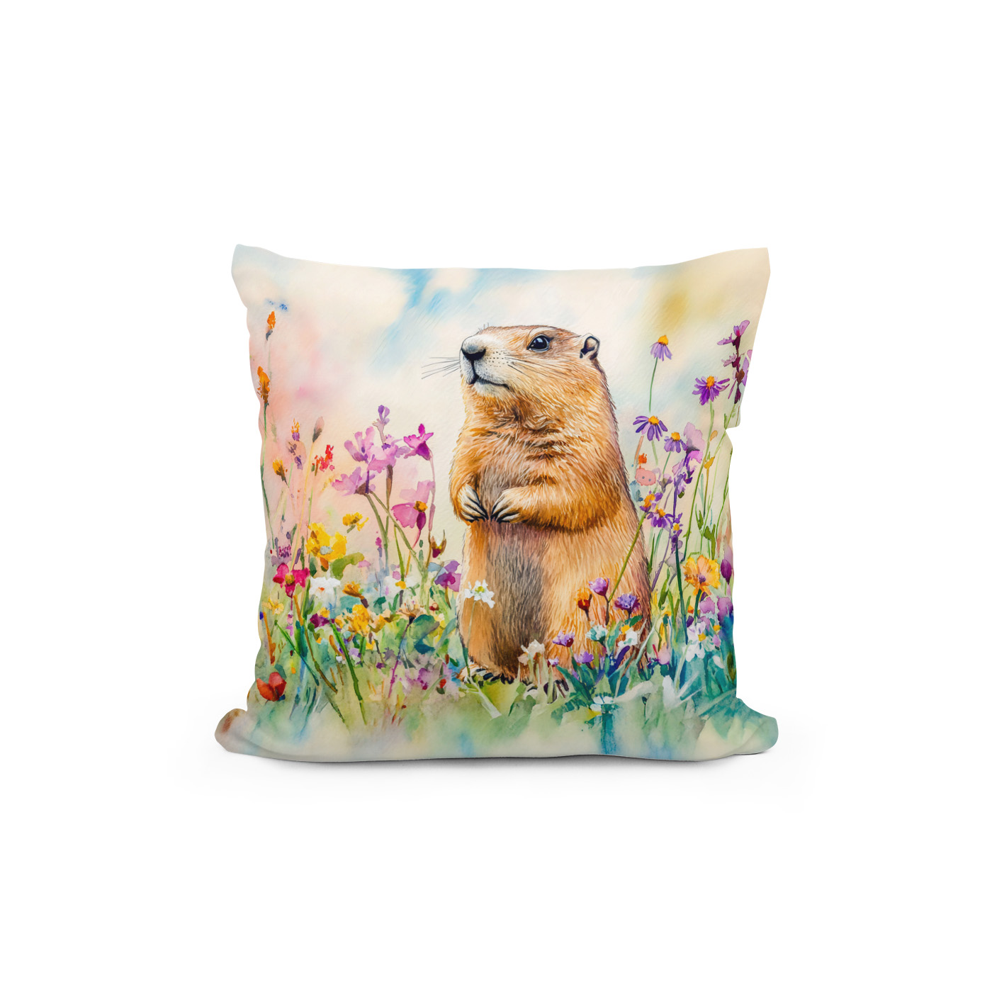 Kissen: Marmot on a flower meadow watercolor painting – Bild 2