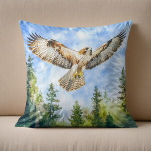 Kissen: Buzzard flying over a pine forest watercolor painting