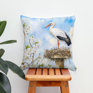 Kissen: White stork on a nest in spring watercolor painting
