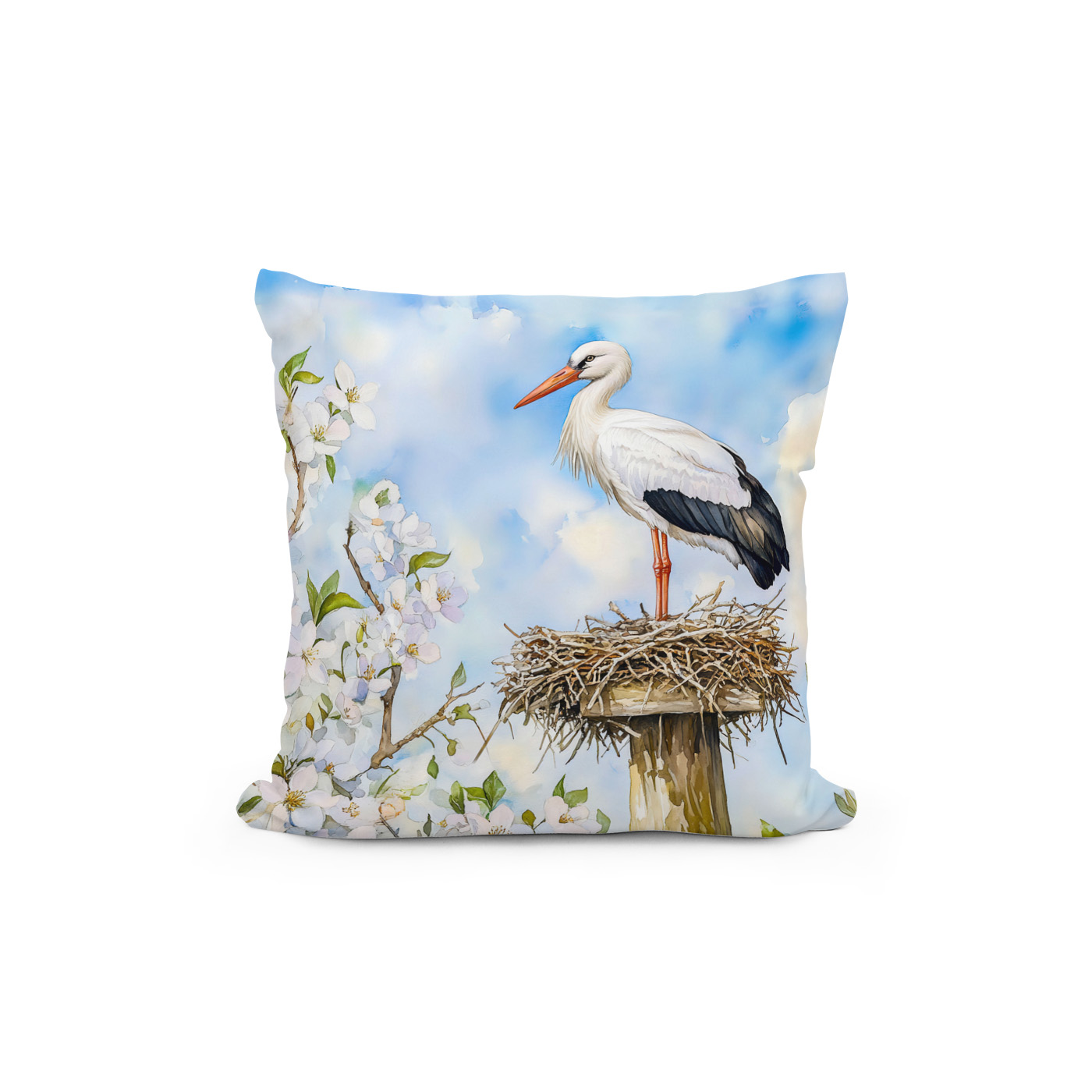 Kissen: White stork on a nest in spring watercolor painting – Image 2