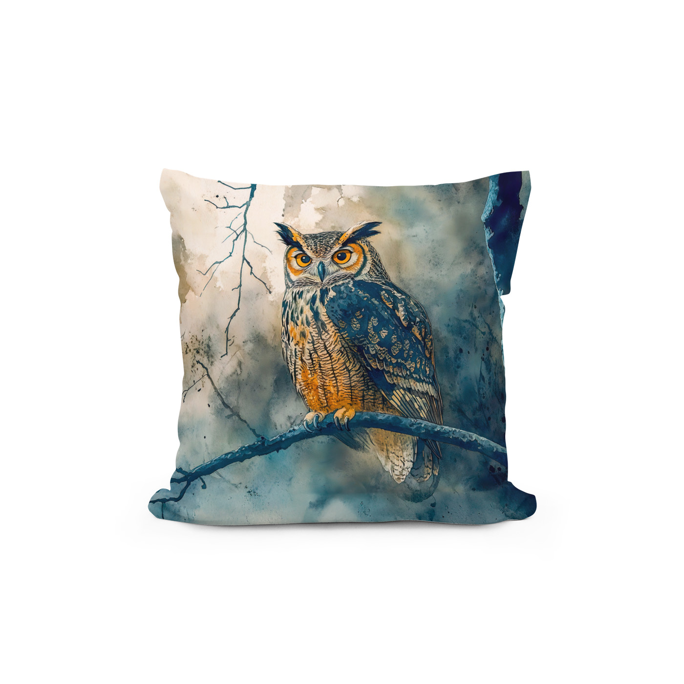 Kissen: Owl at night sitting on a branch watercolor painting – Image 2