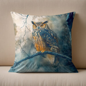 Kissen: Owl at night sitting on a branch watercolor painting
