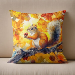 Kissen: Squirrel eating a nut in a colorful autumn tree watercolor painting
