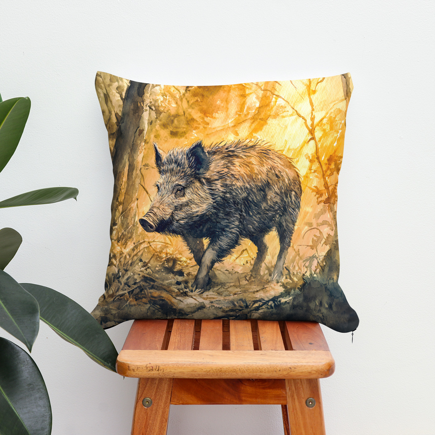 Kissen: Wild boar in forest watercolor painting