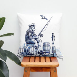 Kissen: Vintage Illustration of a Sailor Sitting on a Pier Fishing