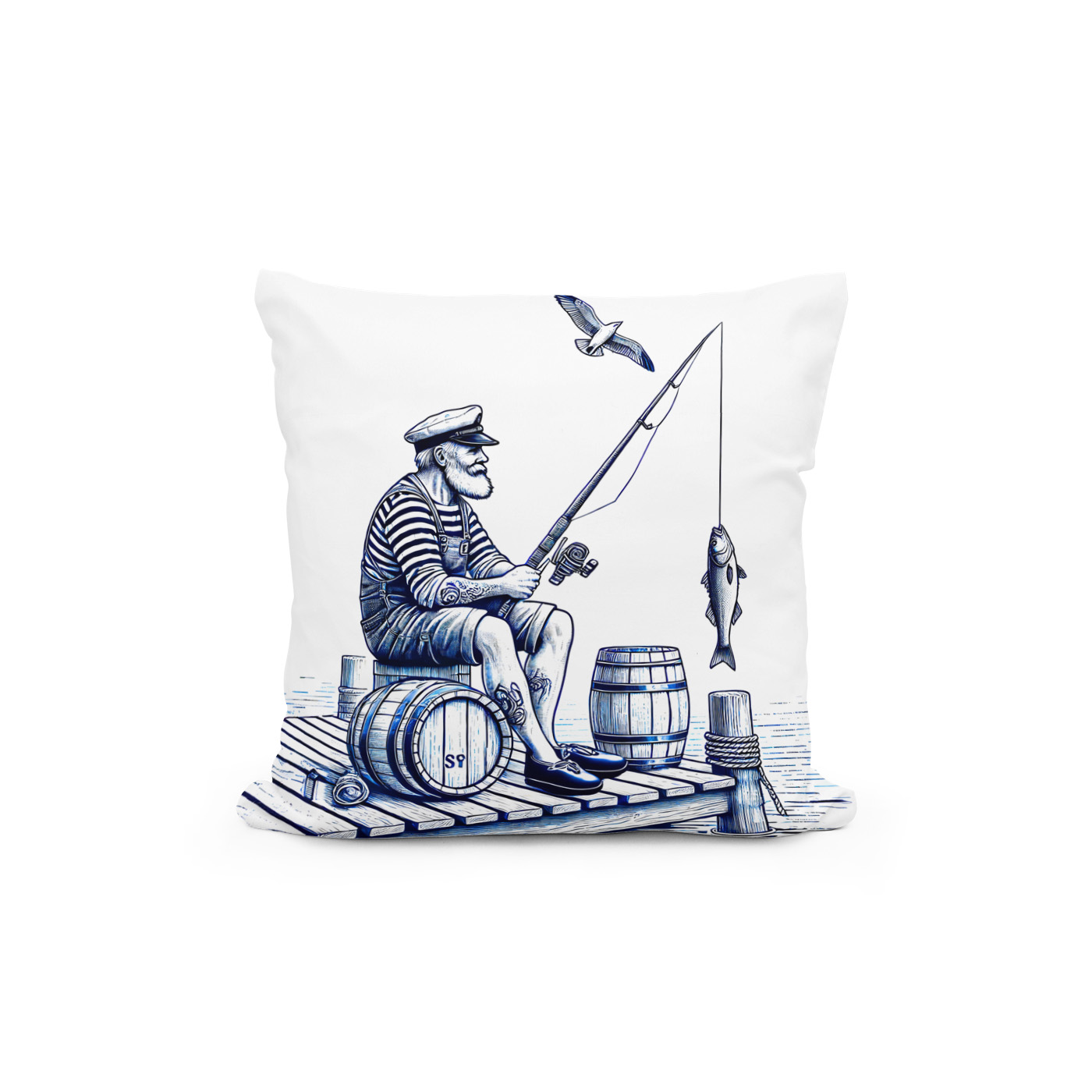 Kissen: Vintage Illustration of a Sailor Sitting on a Pier Fishing - immagine 2