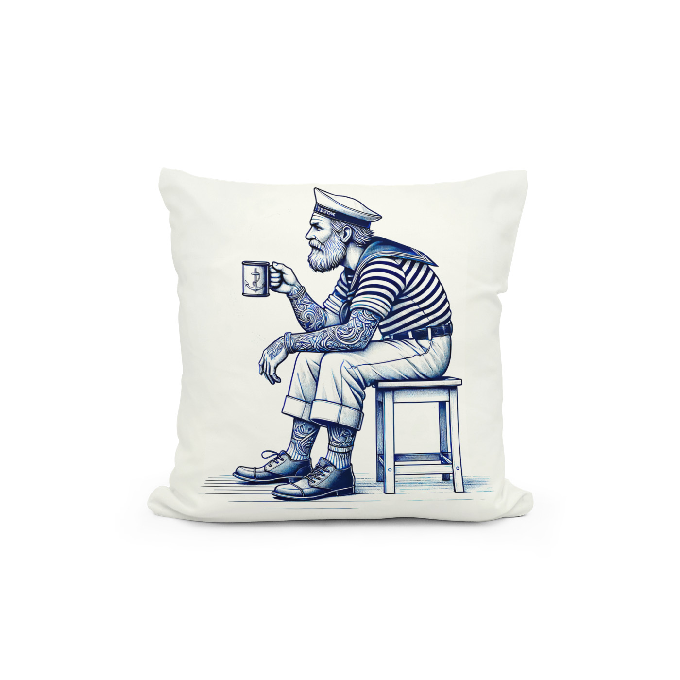 Kissen: Vintage Illustration of a Sailor Drinking Coffee from a Tin Mug While Sitting on a Stool - immagine 2