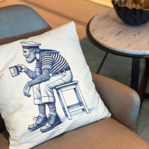 Kissen: Vintage Illustration of a Sailor Drinking Coffee from a Tin Mug While Sitting on a Stool