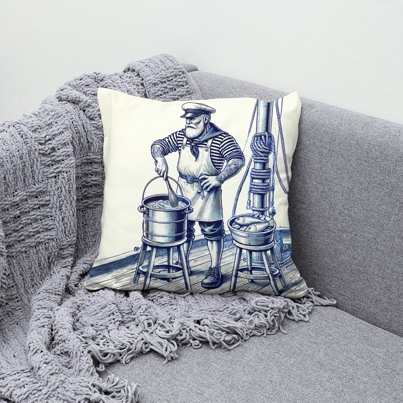 Kissen: Vintage Illustration of a Sailor Cooking Fish Soup