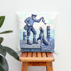 Kissen: Vintage Illustration of a Matron Feeding a Seal at the Pier