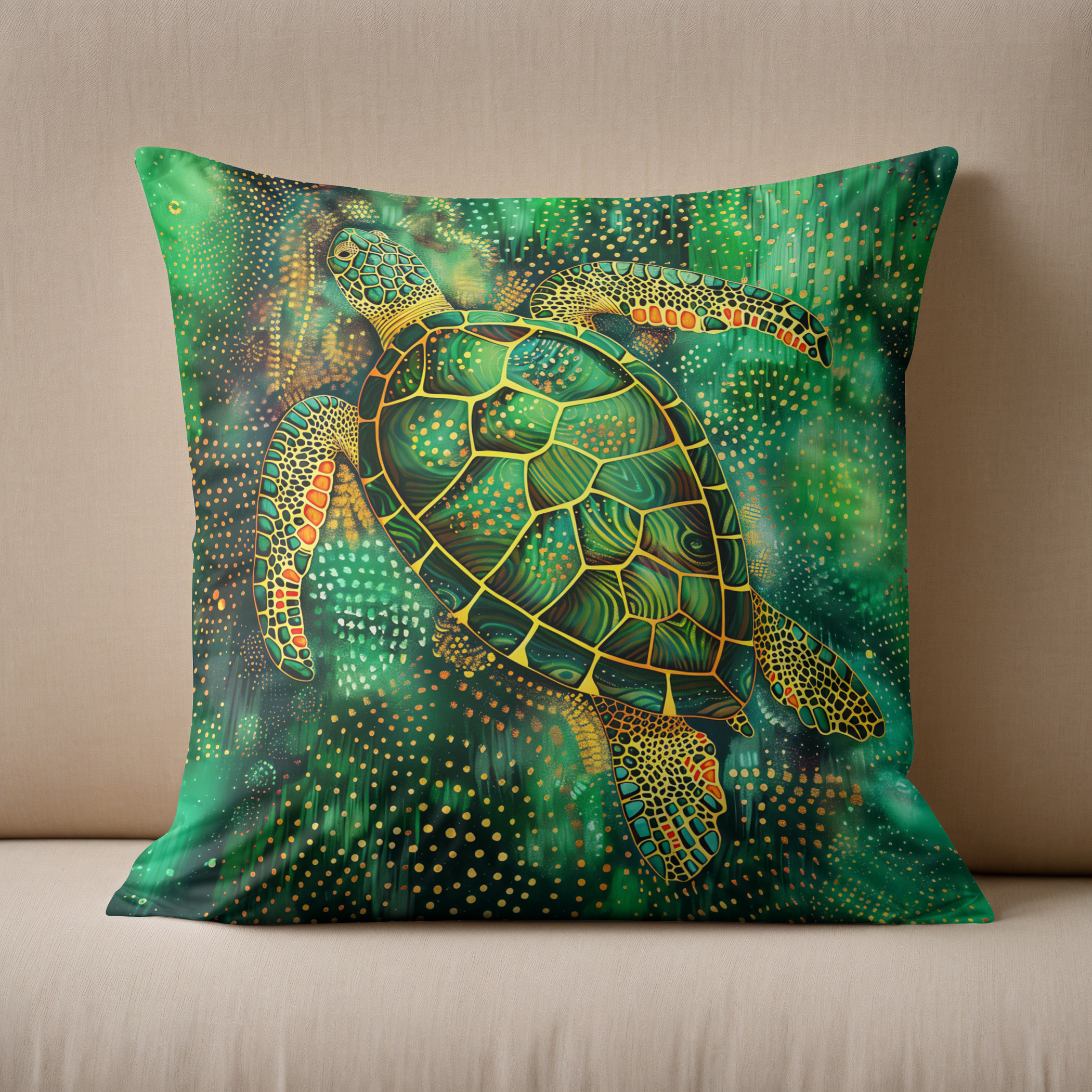 Kissen: Green Sea Turtle in Aborigine Dot Art Style - Image 2