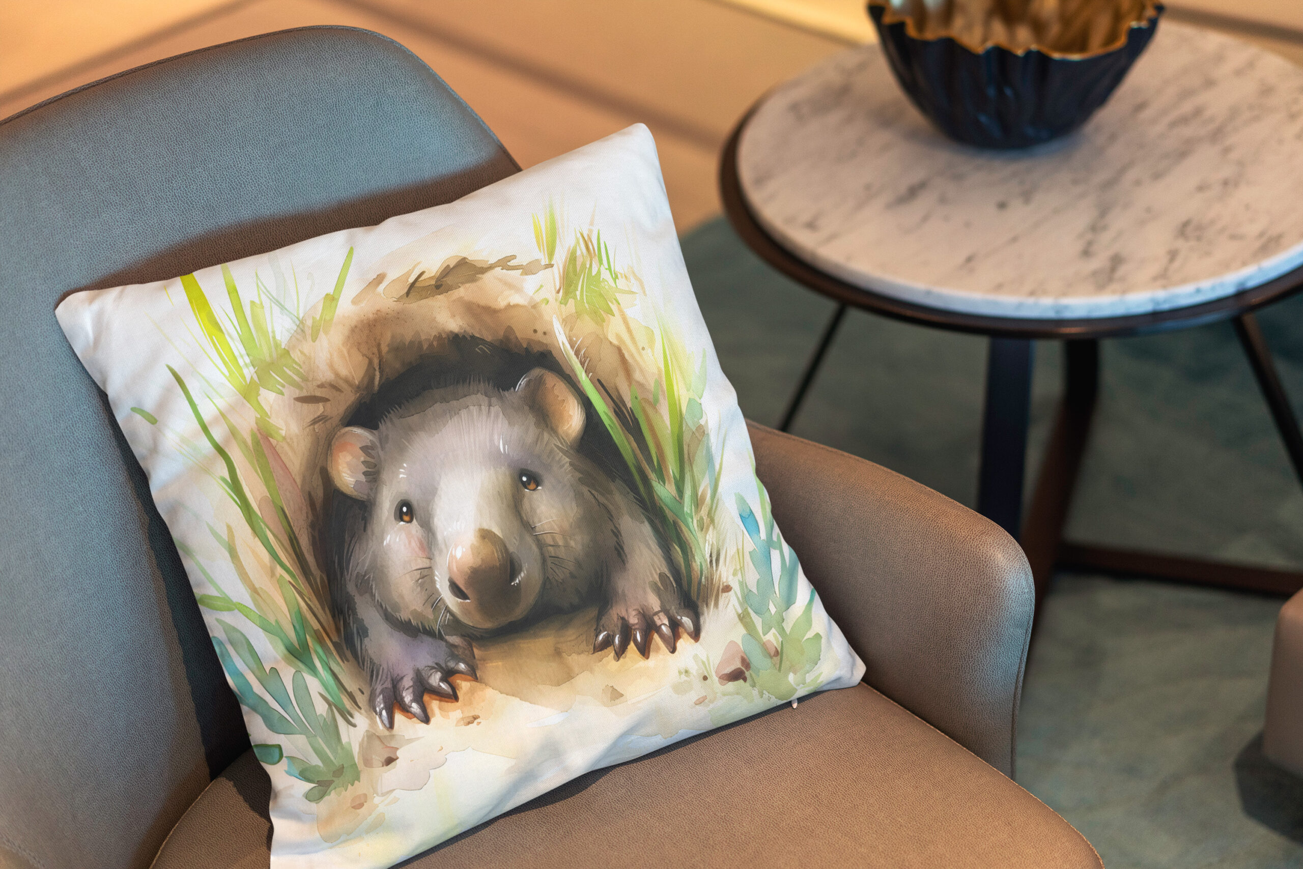 Kissen: Watercolor Wombat Peeking from Burrow – Image 2