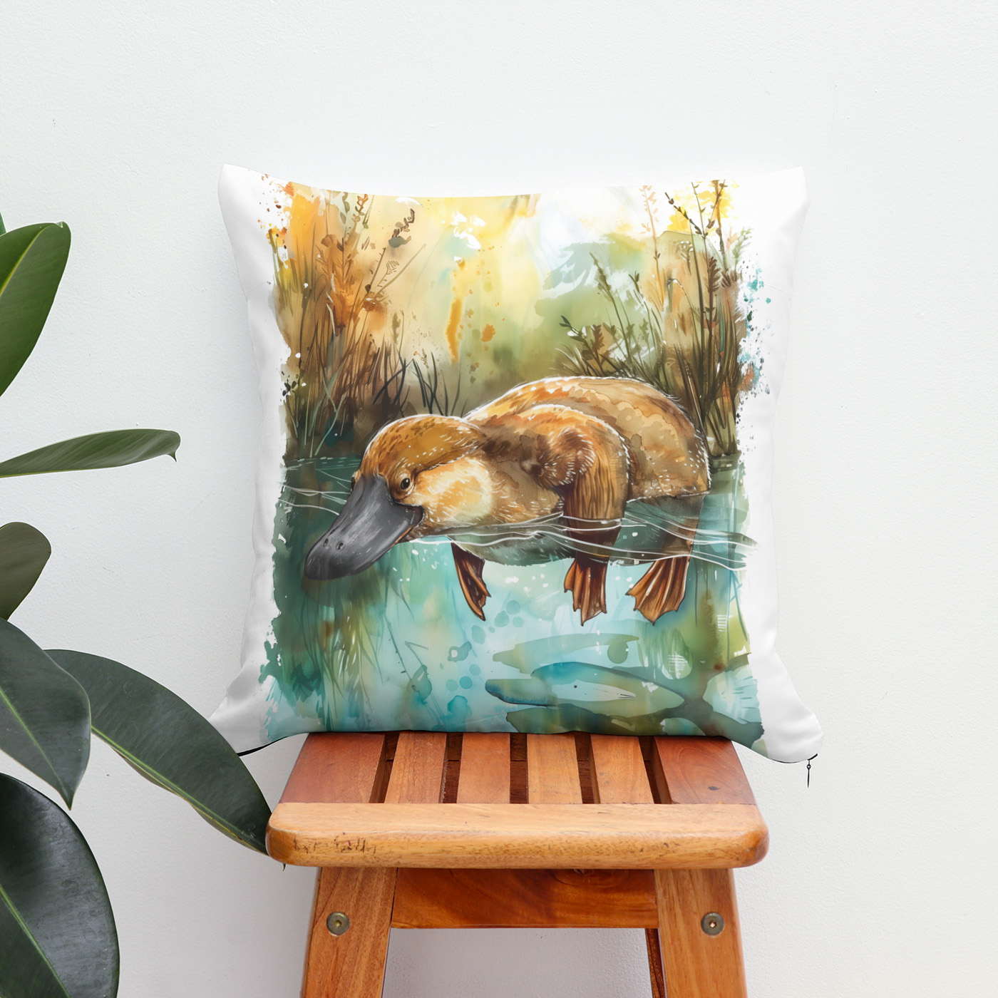 Kissen: Watercolor Platypus Swimming in Pond