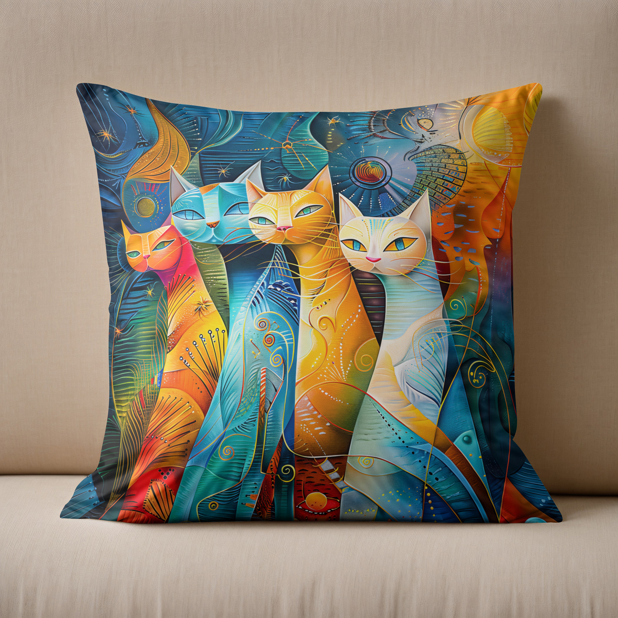 Kissen: Cosmic Cat Art with Stellar Background