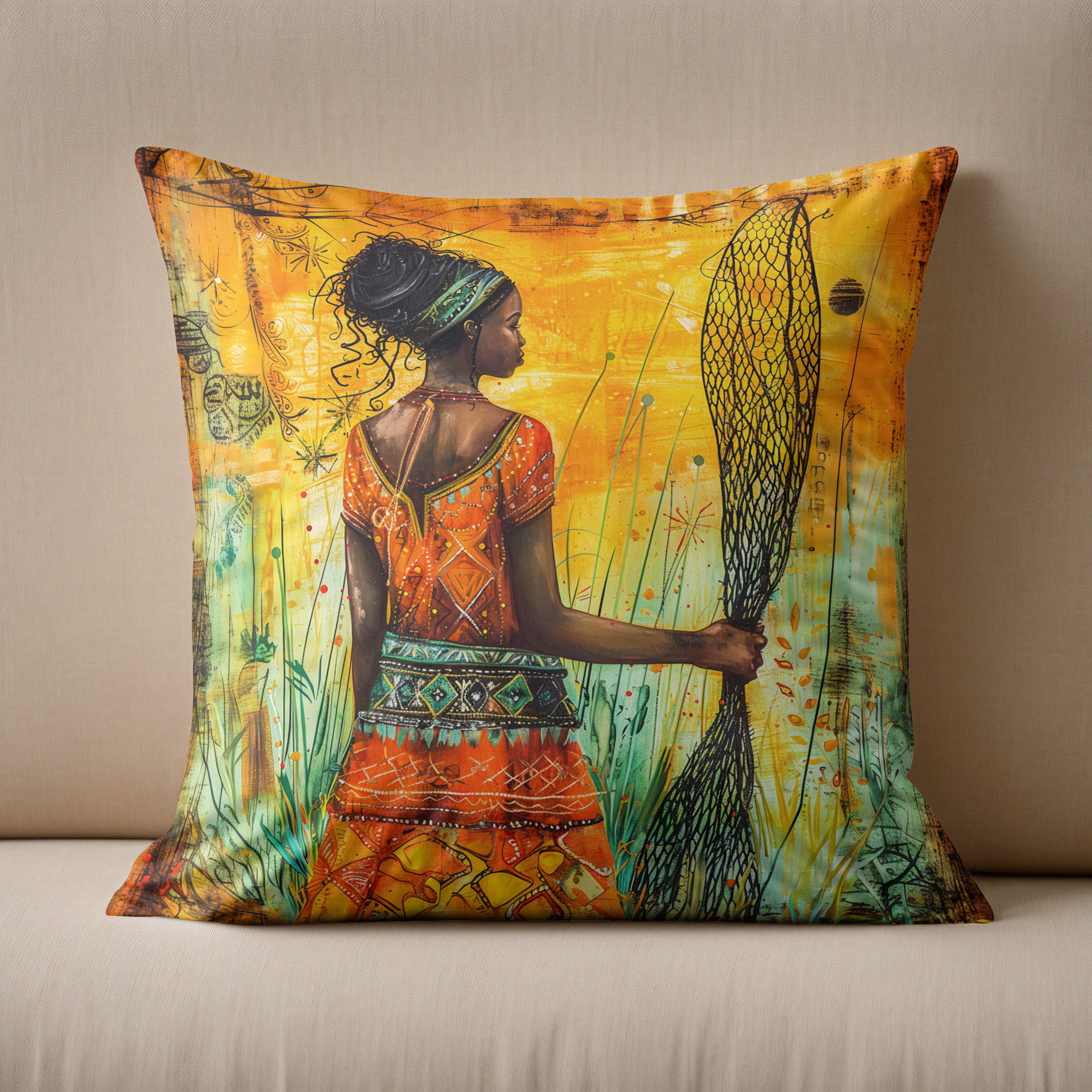 Kissen: African Fisherwoman with Net