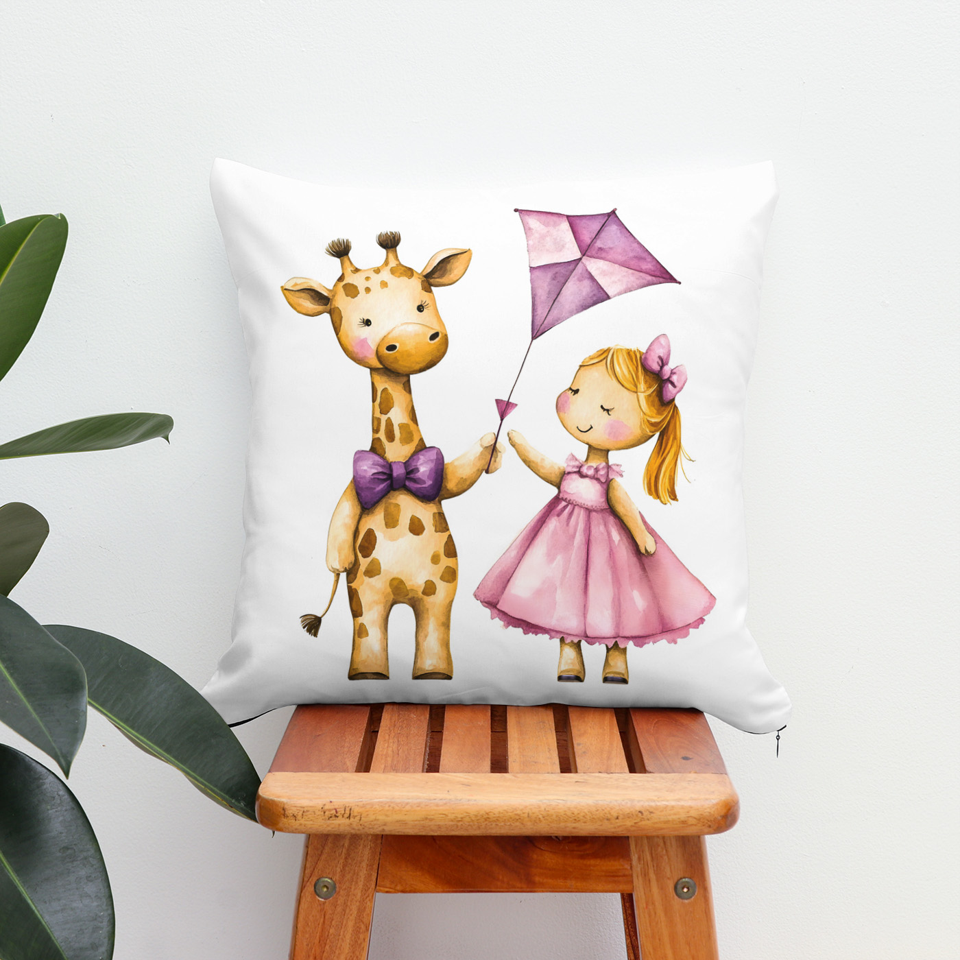 Kissen: Watercolor Illustration of Giraffe and Girl Flying Kite