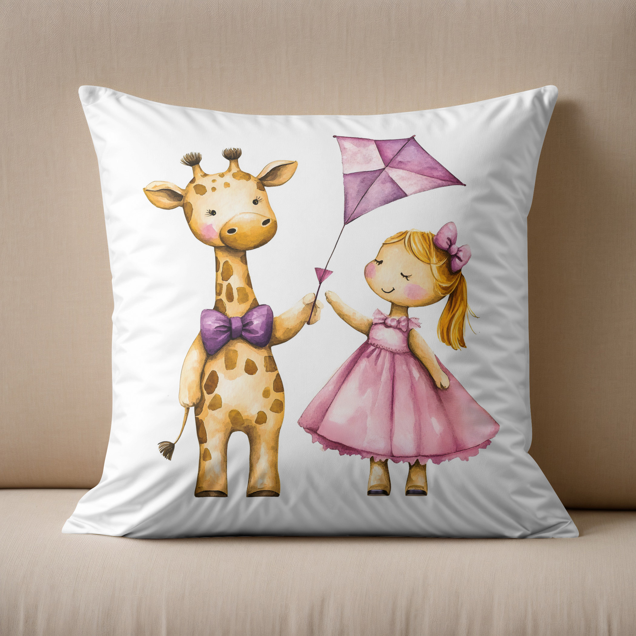 Kissen: Watercolor Illustration of Giraffe and Girl Flying Kite – Bild 2