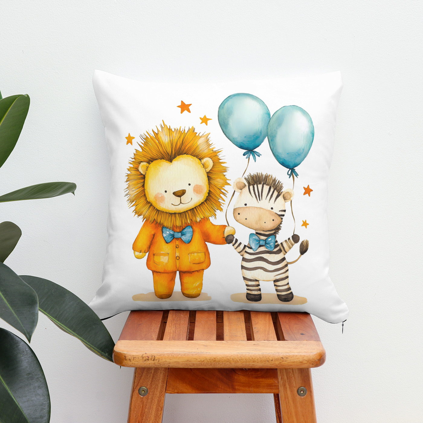Kissen: NWatercolor Illustration of Lion and Zebra with Balloons