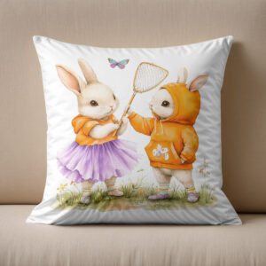 Kissen: Watercolor Illustration of Two Bunnies Catching Butterflies
